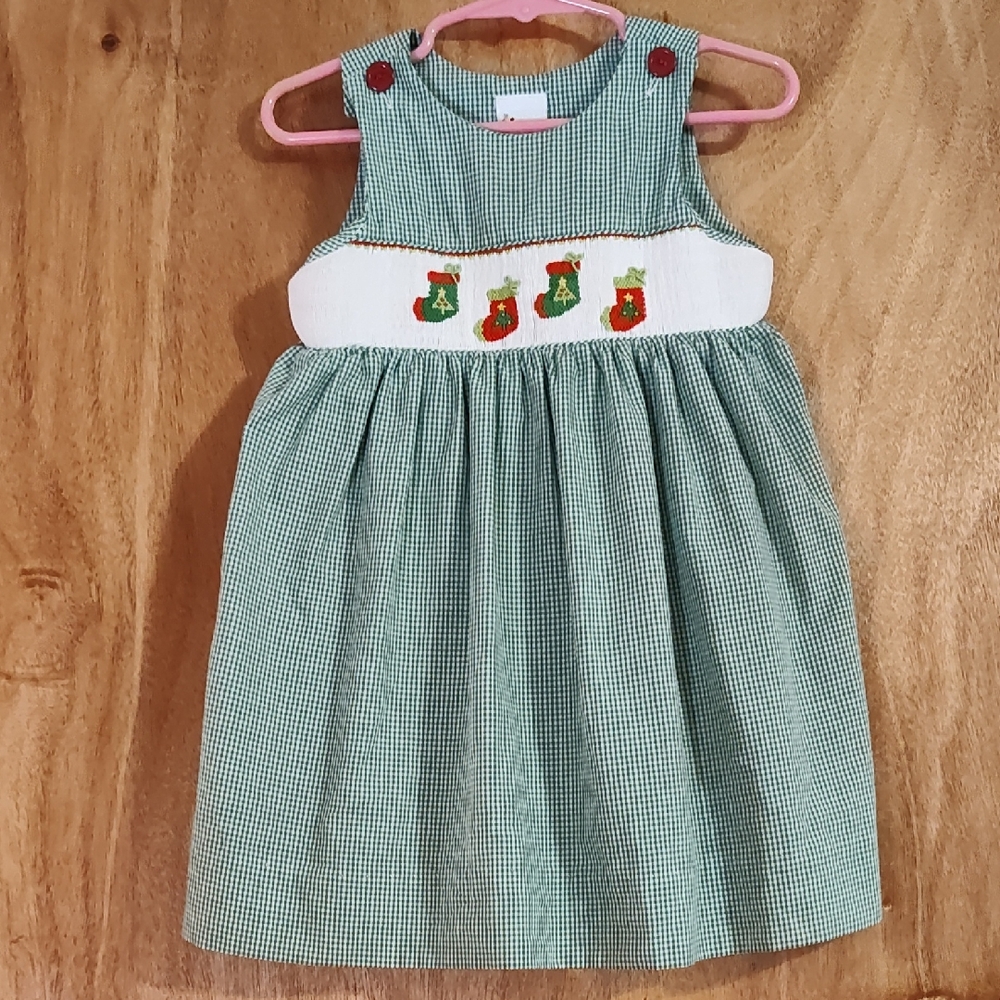 🎄 Smocked Giraffe Toddler Girls Christmas Dress Green Gingham El Salvador 18M
